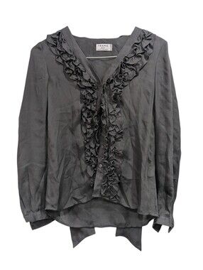 FRAME Smoke Grey Silk Chiffon Ruffle Button Down 100% Silk Shirt